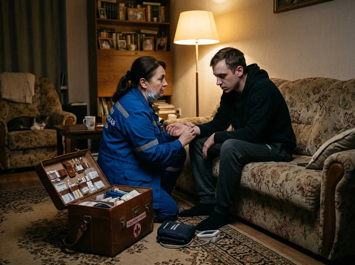 врач с медицинским саквояжем оказывает помощь пациенту при абстинентном синдроме, домашние условия, срочная медицинская помощь, спокойная обстановка