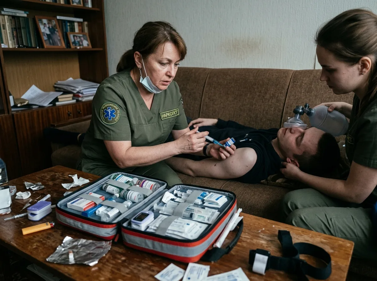 врач-нарколог оказывает экстренную помощь при наркотической передозировке, медицинский кейс открыт, шприцы и препараты на столе, срочный вызов