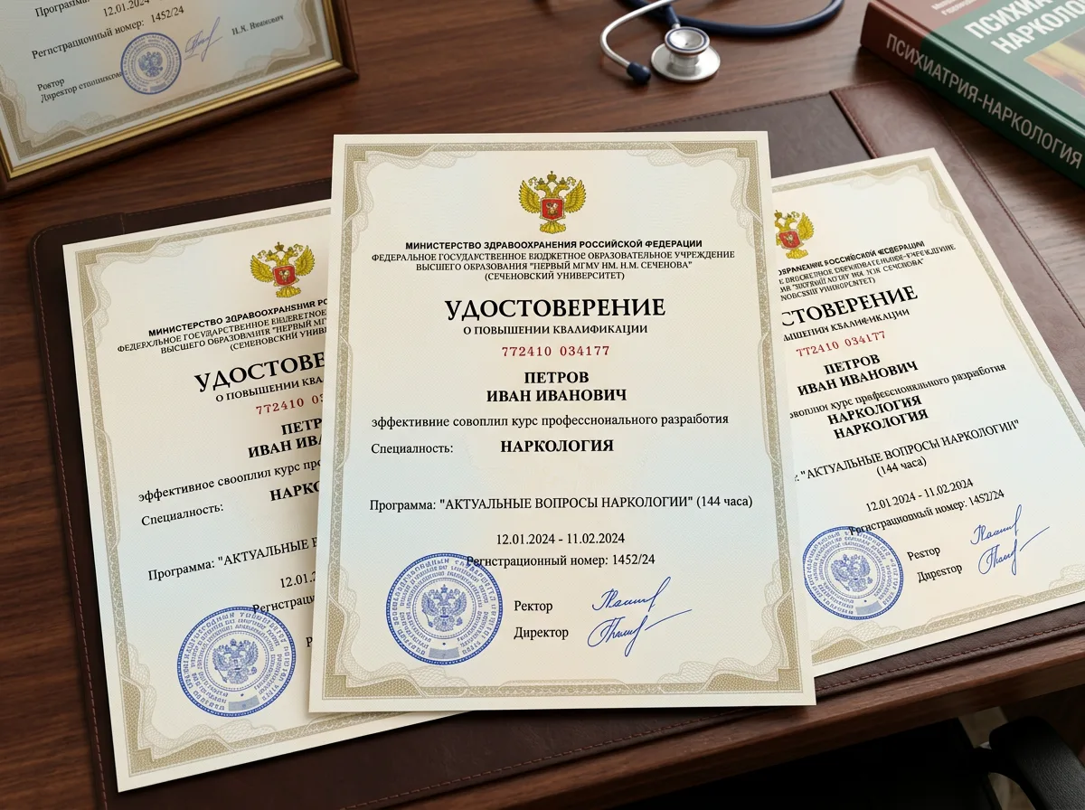 сертификаты специалистов врачей-наркологов с повышением квалификации по профилю наркология официальные документы с гербом Минздрава
